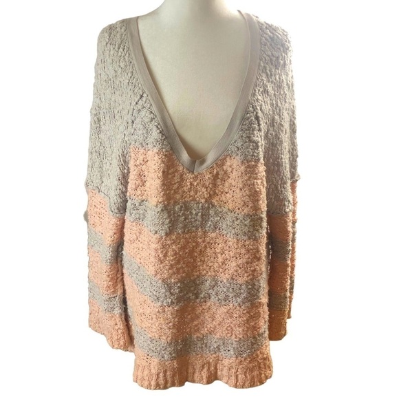 Free People Cotton Pullover Sweater  Women M  Pale Pink and Gray Stripes  Knubby - Picture 1 of 10